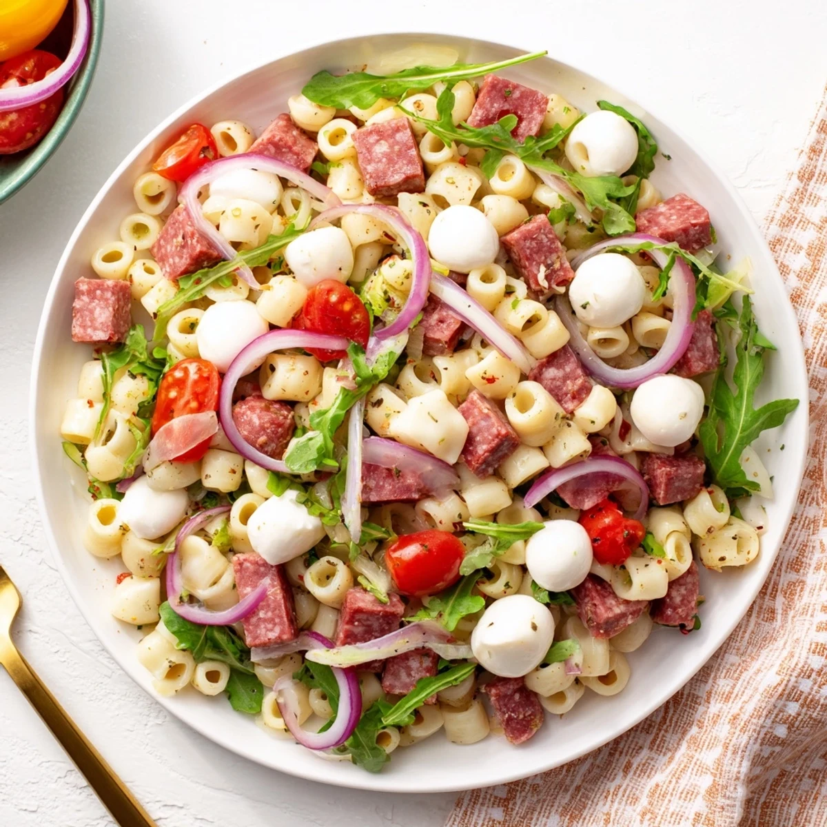 A vibrant bowl of Spring Antipasto Pasta Salad features ditalini tossed with arugula, salami, mozzarella, and pickled vegetables, dressed in a bright lemony vinaigrette.