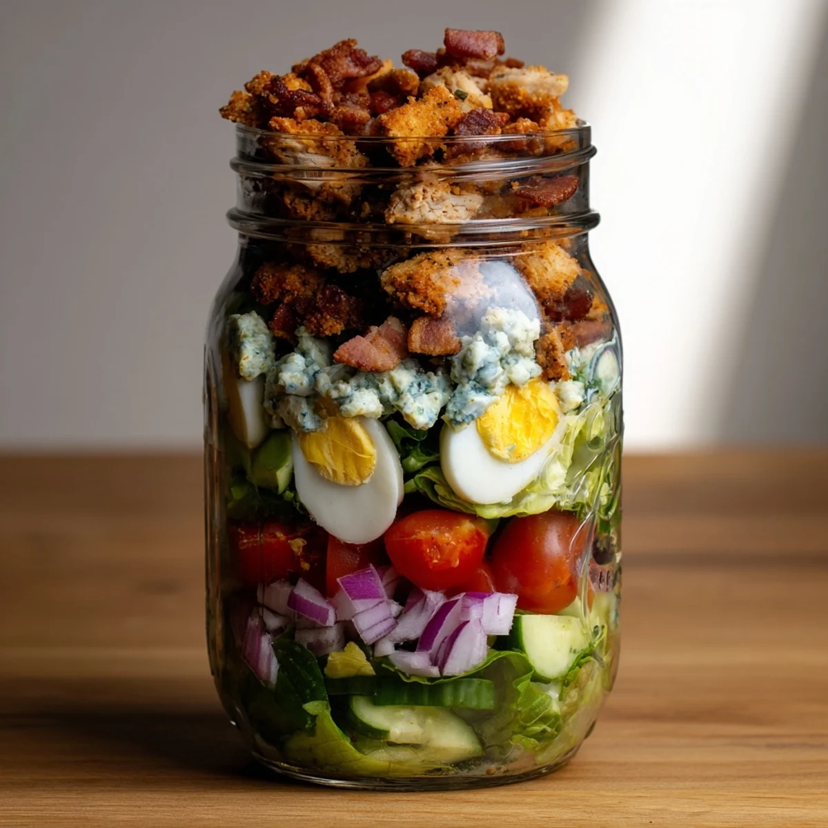 Crispy Chicken Cobb Jar Salad layered with smoky bacon, tangy blue cheese, and creamy avocado, perfect for a grab-and-go lunch.