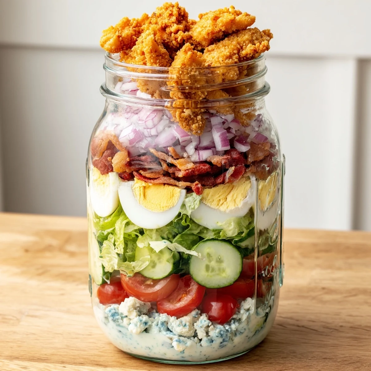 Golden baked chicken bites and hard-boiled eggs fill this Crispy Chicken Cobb Jar Salad with crisp romaine and fresh cherry tomatoes.