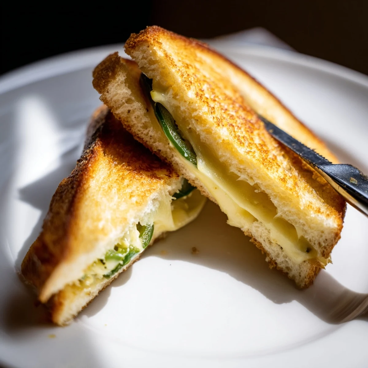 Golden-brown Jalapeño Havarti Grilled Cheese slices ooze melted cheese between crispy sourdough.