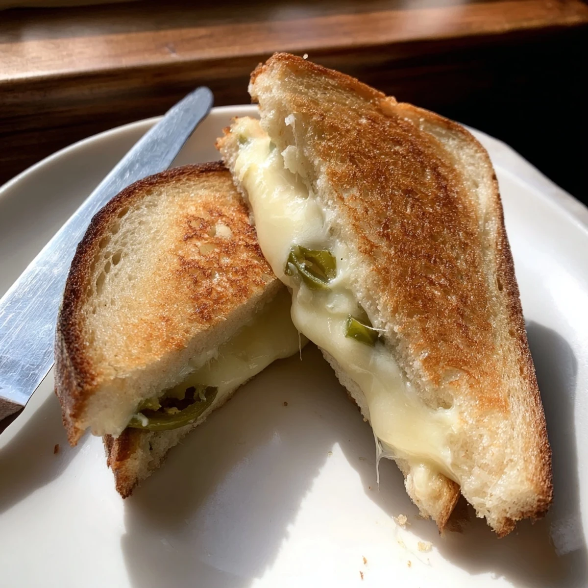 A close-up of Jalapeño Havarti Grilled Cheese reveals creamy Havarti and spicy jalapeños.