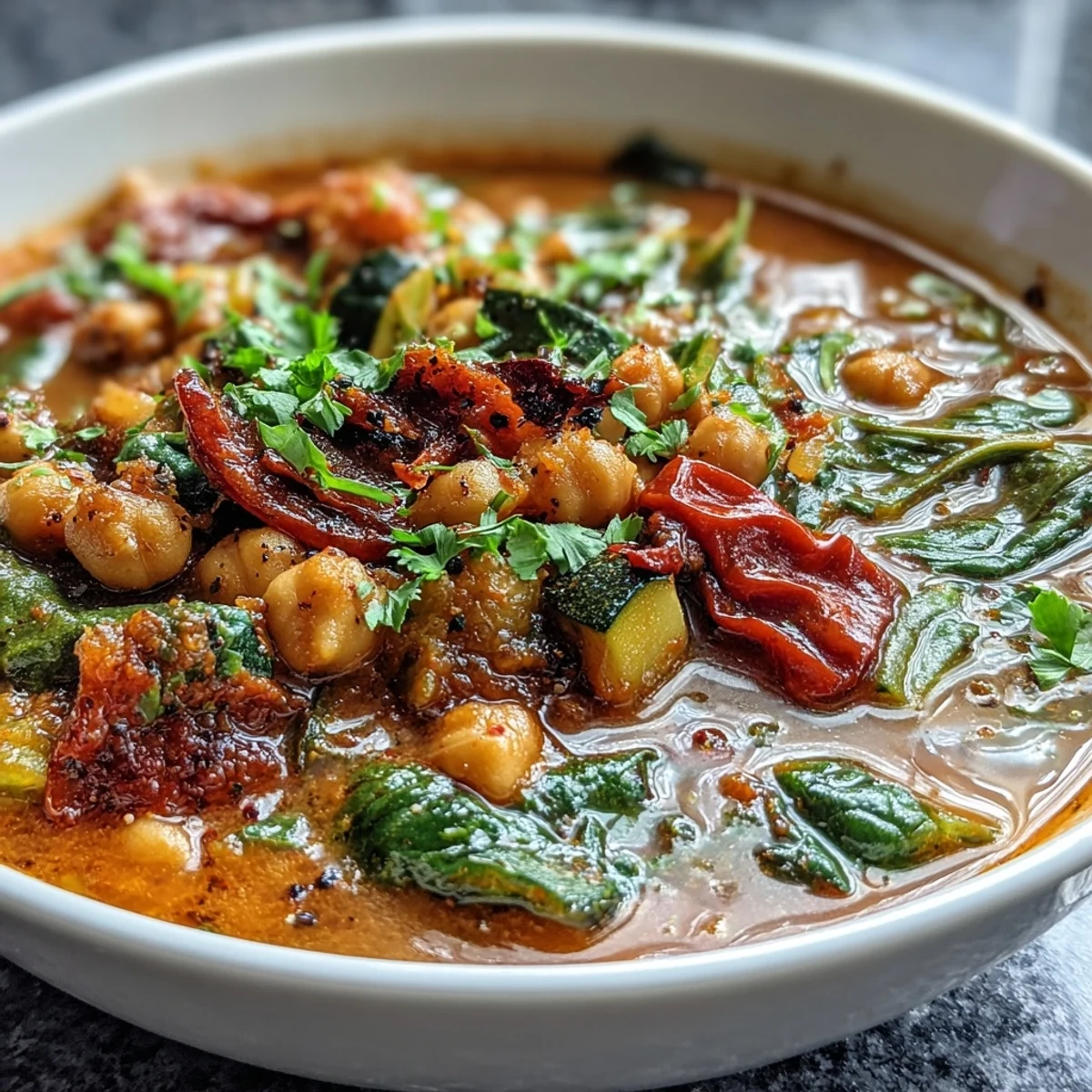 A hearty bowl of Spicy Chickpea Stew simmering with tender vegetables and fresh cilantro garnish.