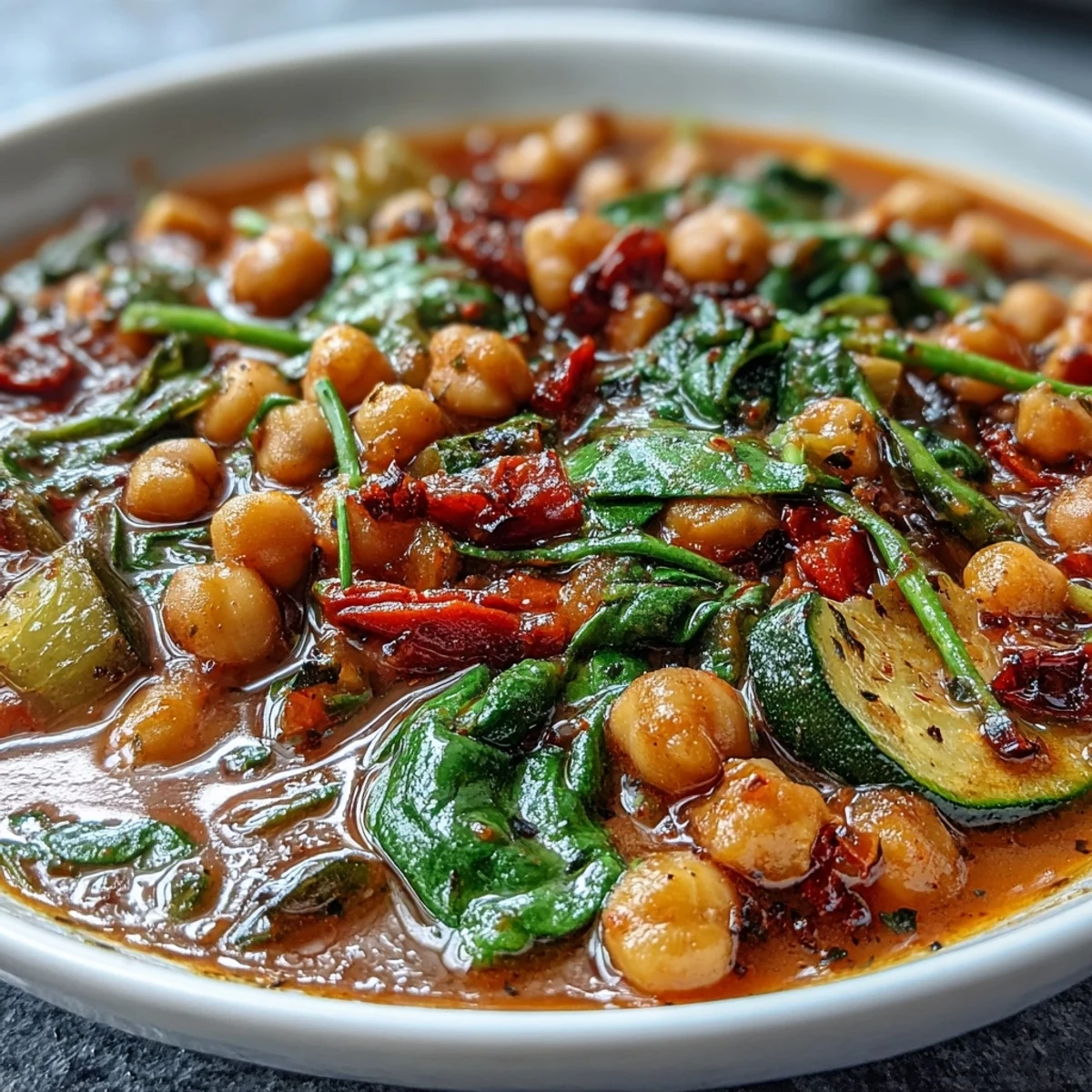 Steaming pot of Spicy Chickpea Stew topped with lemon wedges and parsley, perfect for cozy meals.