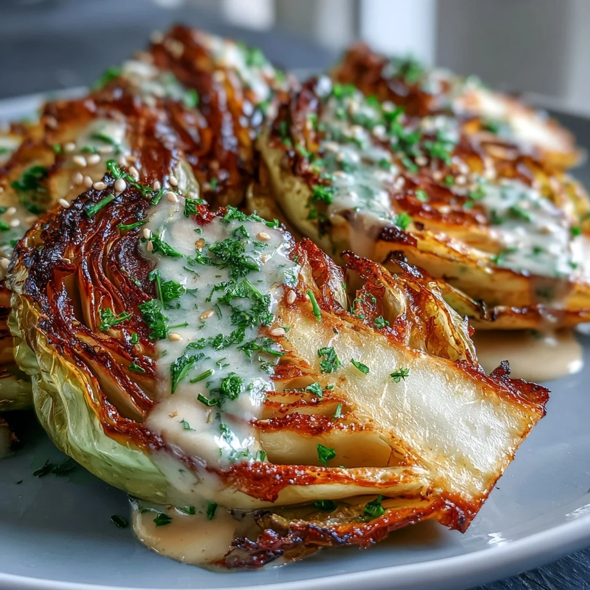 Golden roasted cabbage wedges with crispy edges, drizzled with creamy tahini sauce and garnished with fresh parsley.  