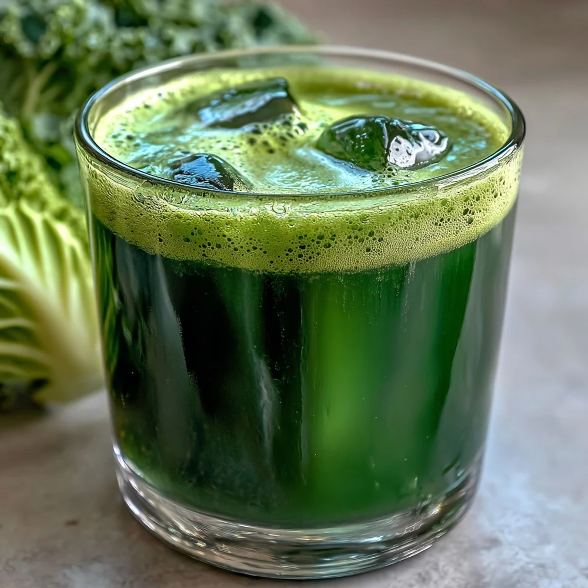 A tall, chilled glass of cabbage and kale detox juice sits beside chopped kale and celery.