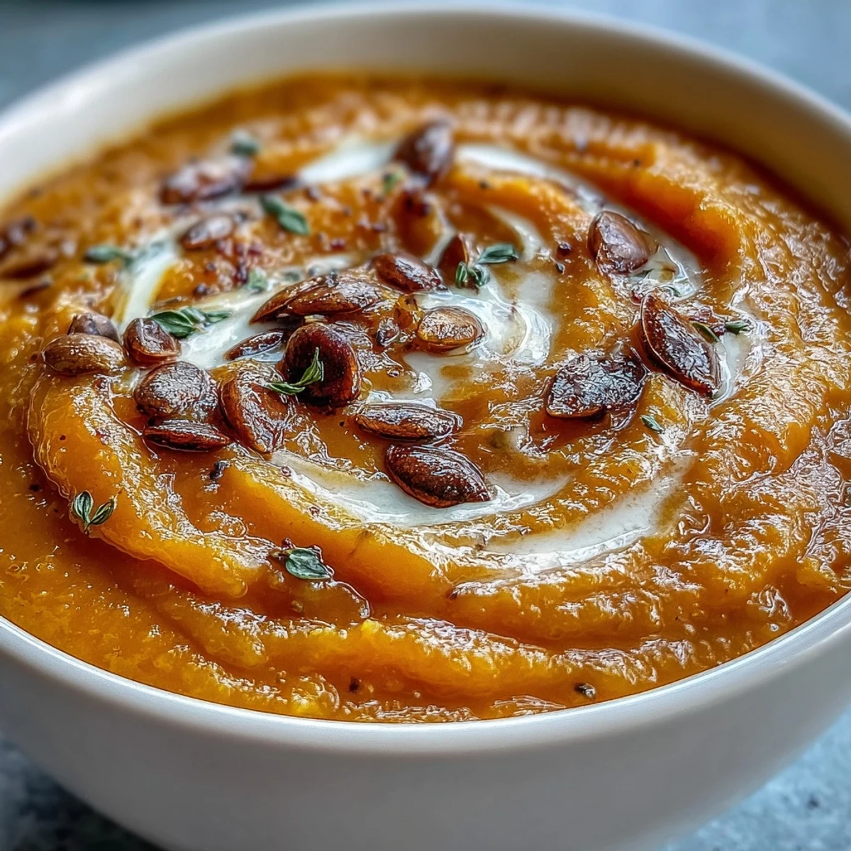 A bowl of creamy Butternut Squash Soup garnished with toasted pumpkin seeds and a swirl of coconut milk.  