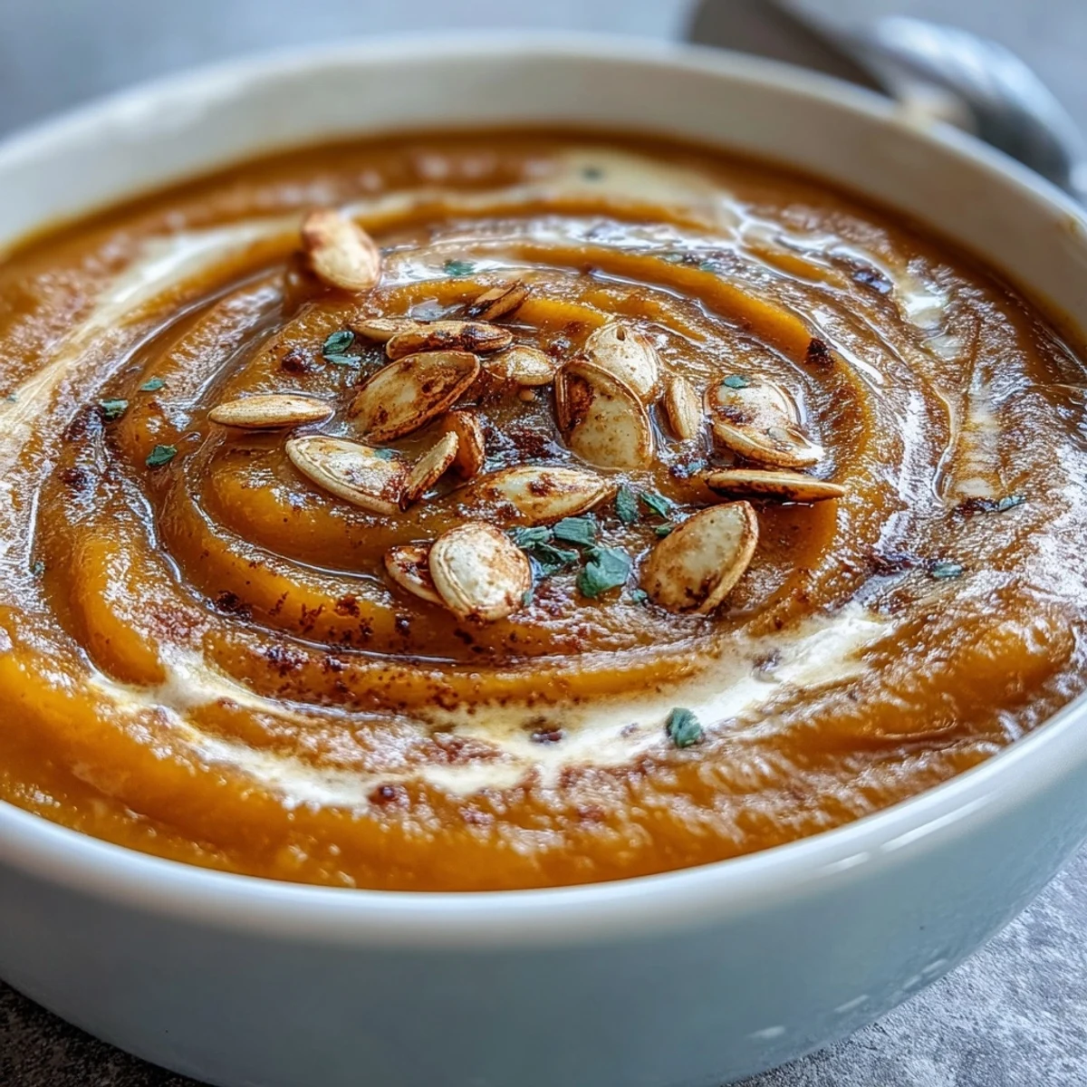 Velvety Butternut Squash Soup served in a white bowl, topped with fresh herbs and a creamy swirl.