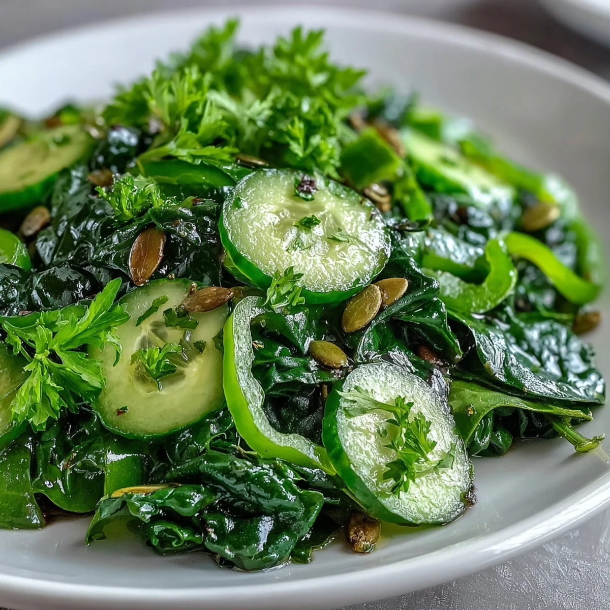 A fresh Glowing Green Salad with zucchini ribbons and mixed greens, lightly dressed and garnished with pumpkin seeds for extra crunch.