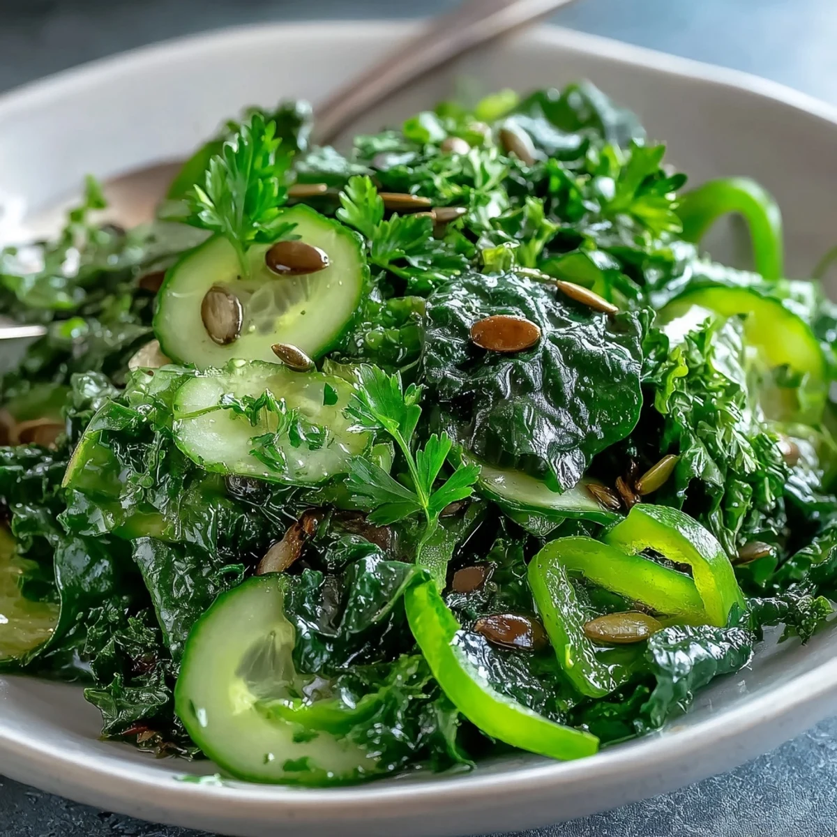 Vibrant bowl of Glowing Green Salad featuring crunchy celery and bell pepper strips, ready to serve as a healthy vegan side dish.  