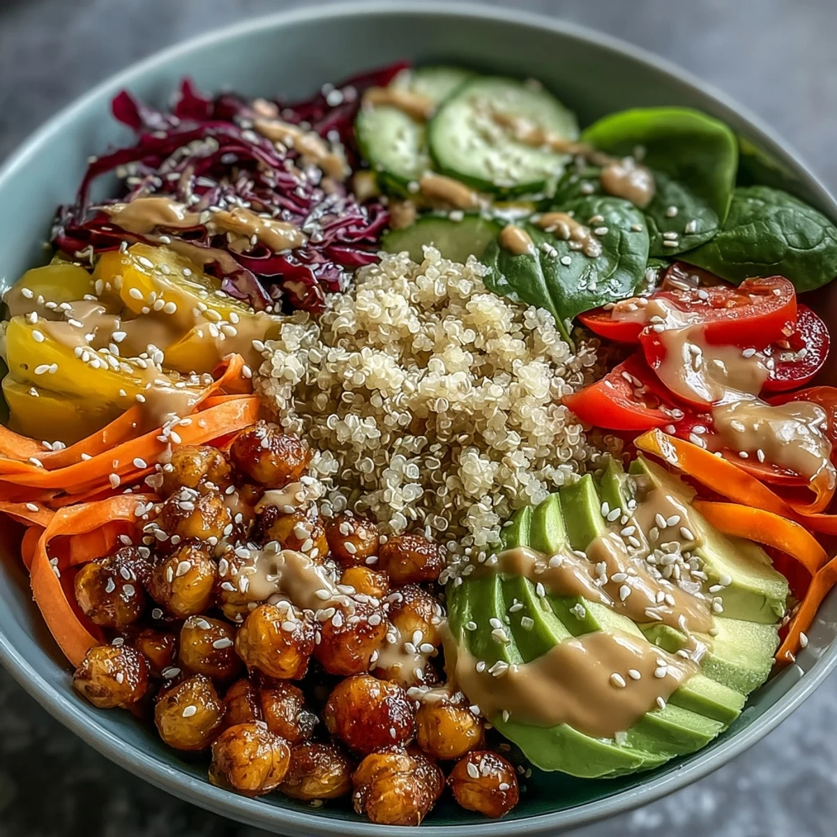 Serving suggestion for a Rainbow Buddha Bowl With Quinoa, with colorful cabbage, carrots, and a creamy tahini drizzle.