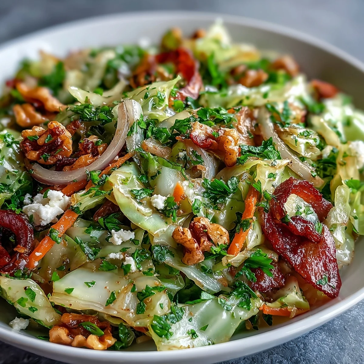 Golden sautéed cabbage and colorful veggies in this Cooked and Loved Cabbage Salad, topped with toasted walnuts and fresh parsley.