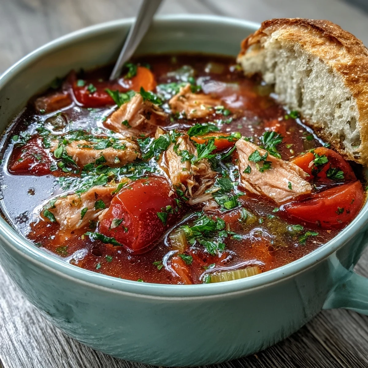 A bowl of homemade Tuna and Tomato Soup garnished with fresh parsley and served alongside crusty bread.