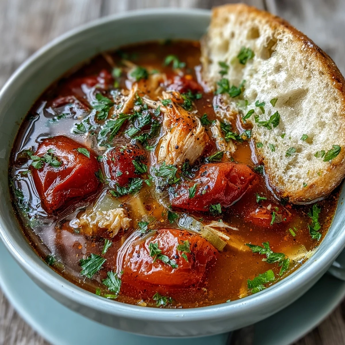 Close-up of vibrant Tuna and Tomato Soup in a rustic bowl, featuring tender tuna flakes and diced tomatoes.