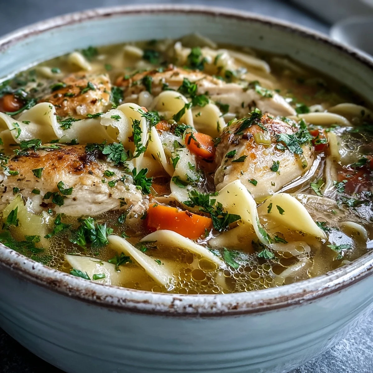 Cozy pot of classic Chicken Noodle Soup with hearty vegetables and broth, ready to be ladled into mugs for a comforting meal.