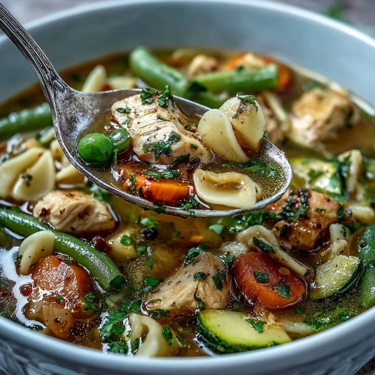 Homemade Pasta Soup With Chicken and Vegetables steaming in a white bowl, garnished with fresh parsley.