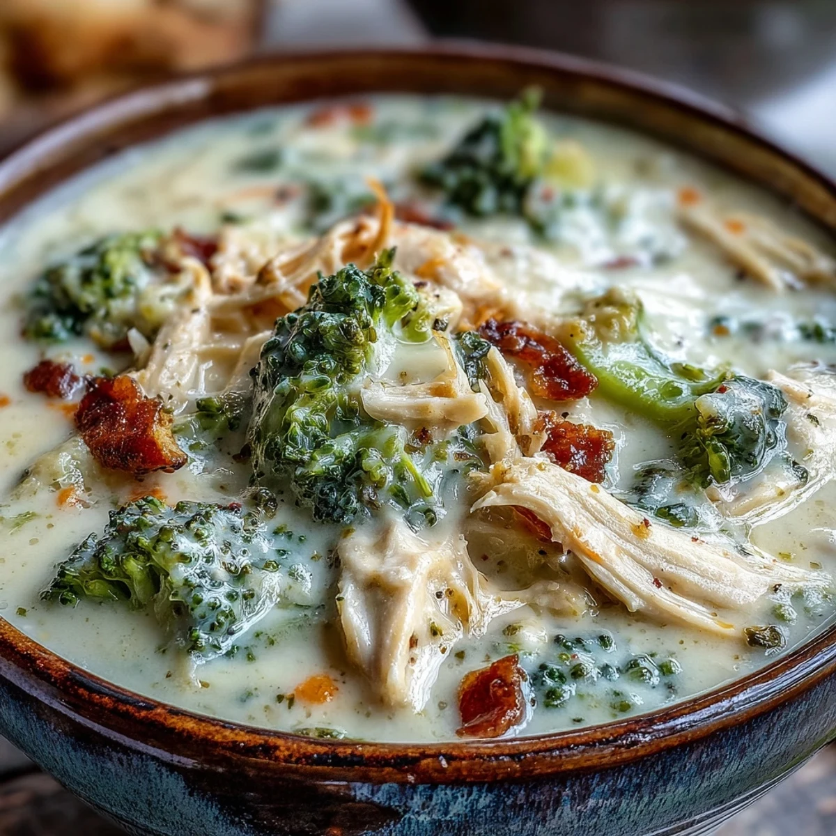 A warm bowl of Best Chicken Broccoli Cheddar Soup garnished with extra sharp cheddar and fresh herbs.