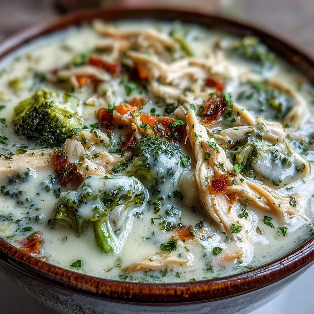 Creamy Best Chicken Broccoli Cheddar Soup with tender chicken, fresh broccoli florets, and melted cheddar cheese.