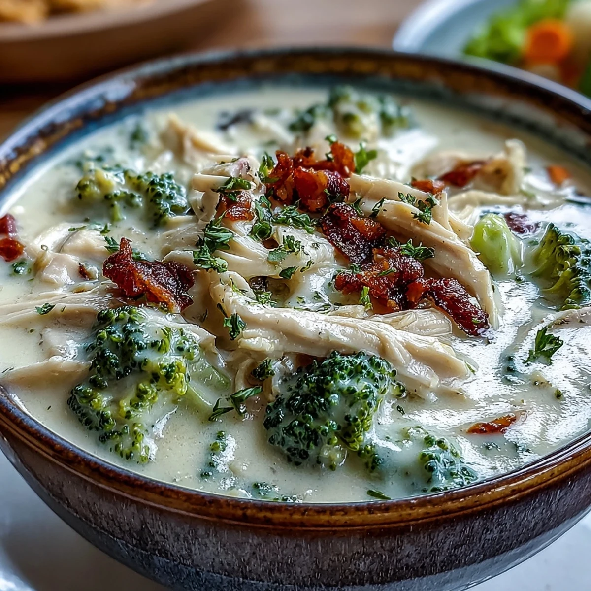 Hearty Best Chicken Broccoli Cheddar Soup served steaming hot in a rustic ceramic bowl beside crusty bread.