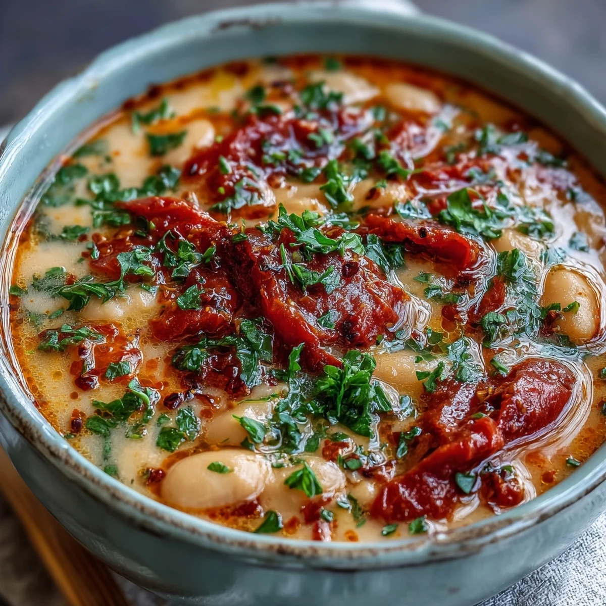 Creamy White Bean Soup With Tomato in a rustic bowl, garnished with fresh parsley and a swirl of cream.