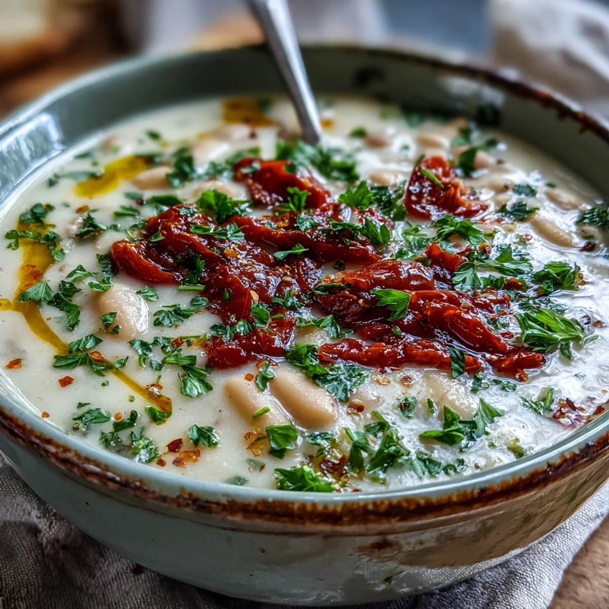 Bright bowl of White Bean Soup With Tomato, showing diced tomatoes and beans, garnished with fresh basil.