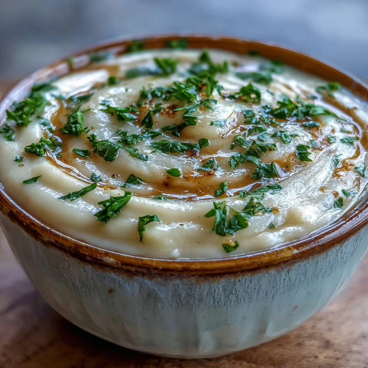 Creamy White Bean and Parmesan Soup in a rustic bowl, topped with fresh parsley and extra cheese.
