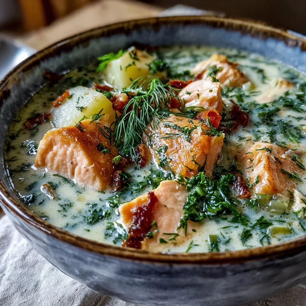 Warm Finnish Salmon Soup with salmon cubes, soft potatoes, and carrots in a creamy broth.
