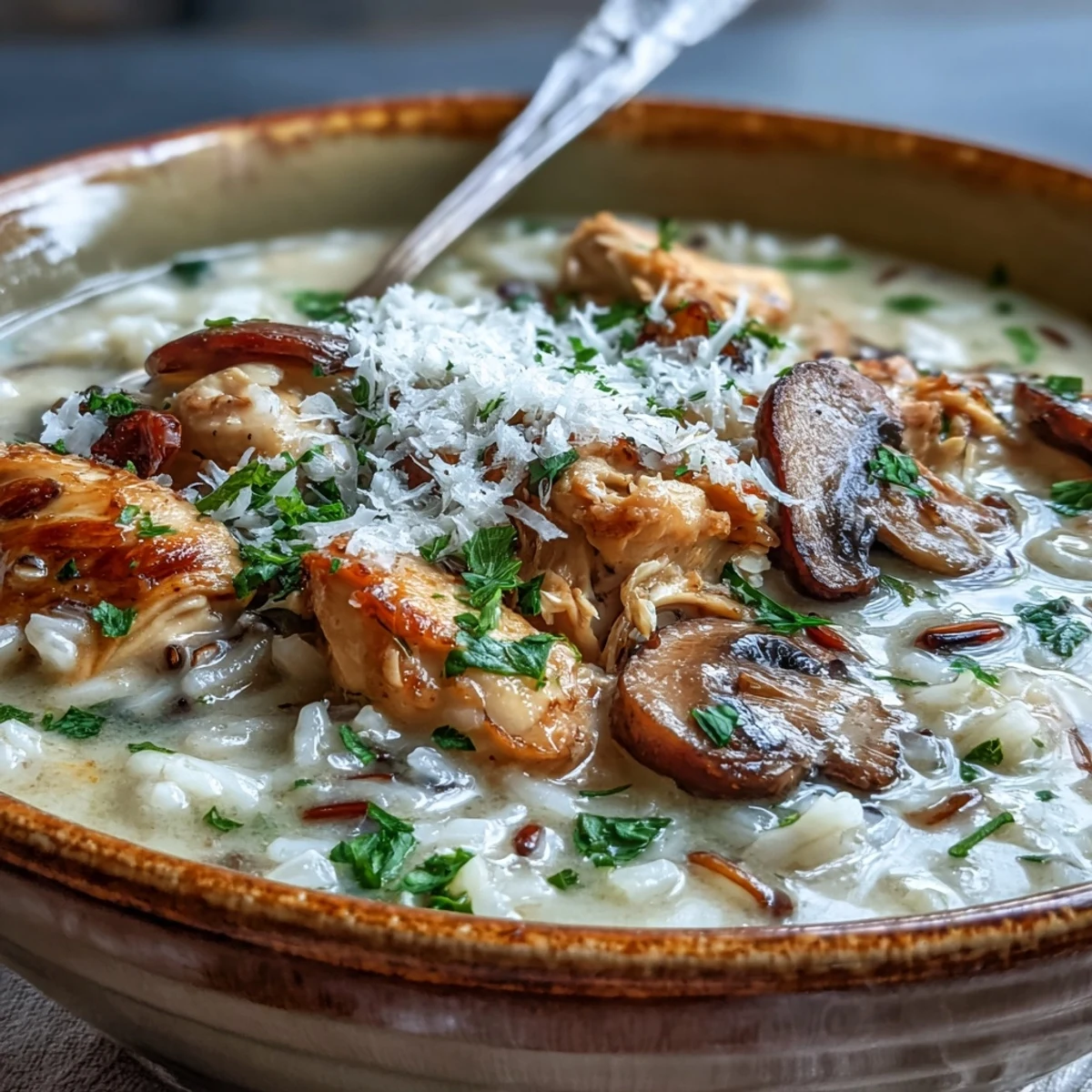 Creamy Parmesan Mushroom Chicken and Wild Rice Soup steaming in a rustic bowl, garnished with fresh parsley.