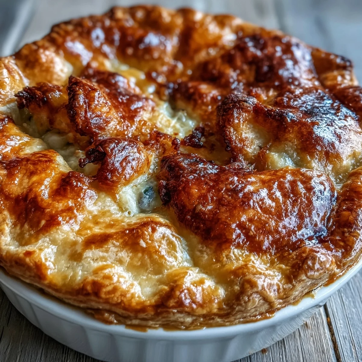 Golden, flaky puff pastry tops the Chicken and Leek Pie filled with creamy chicken and smoky bacon.