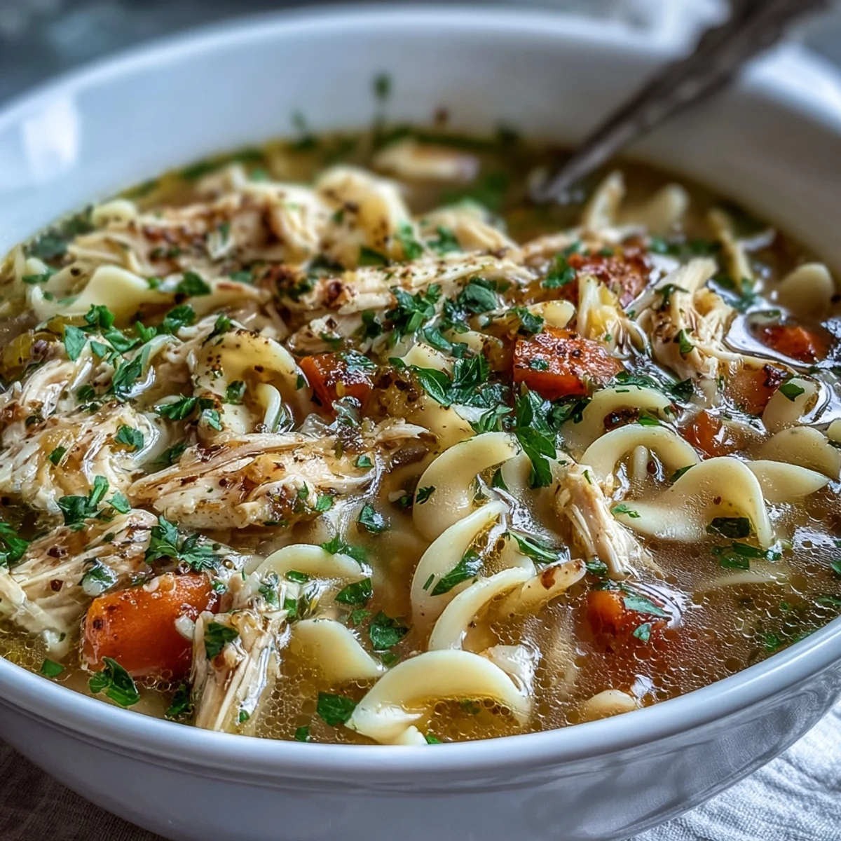 Steaming bowl of homemade Chicken and Noodle Soup with tender shredded chicken, carrots, and wide egg noodles in a rich broth.