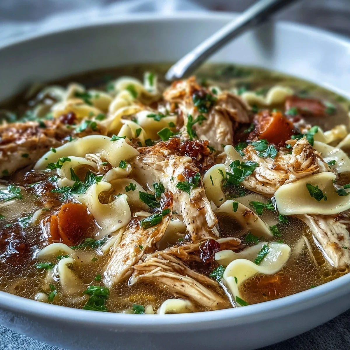 Comforting pot of Chicken and Noodle Soup simmering with celery, carrots, and fresh parsley, ready to serve on a cozy dinner table.