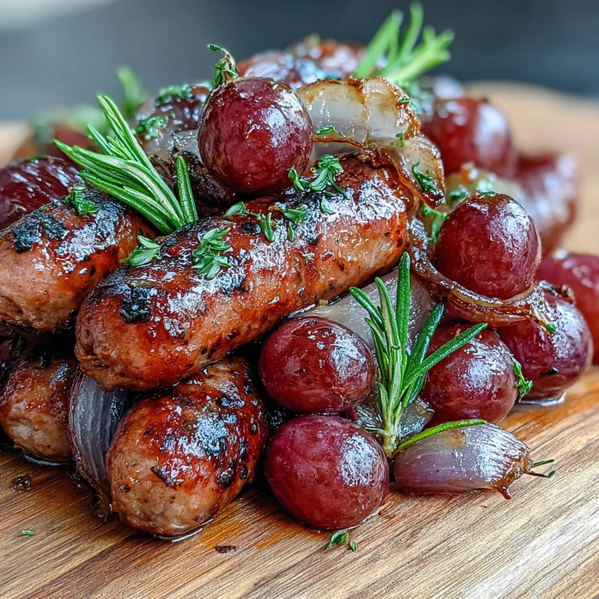 Juicy roasted sausages pair with sweet, blistered grapes and onions on a warm sheet pan for dinner.