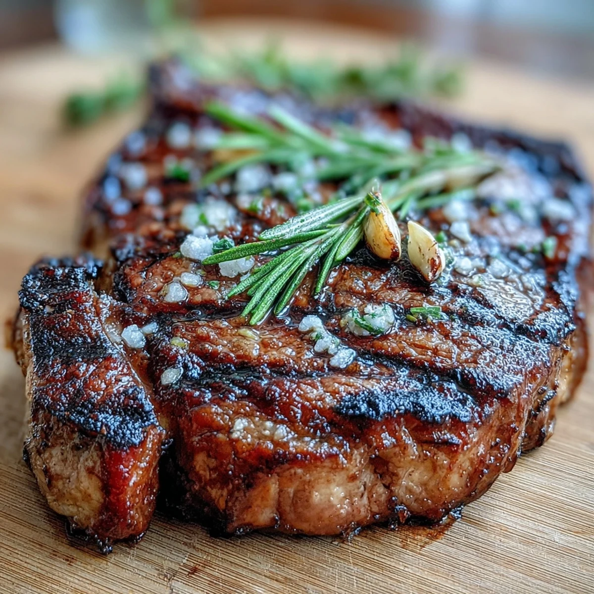 Sizzling bone-in rib eye steak topped with rosemary and garlic, served with lemon wedges.