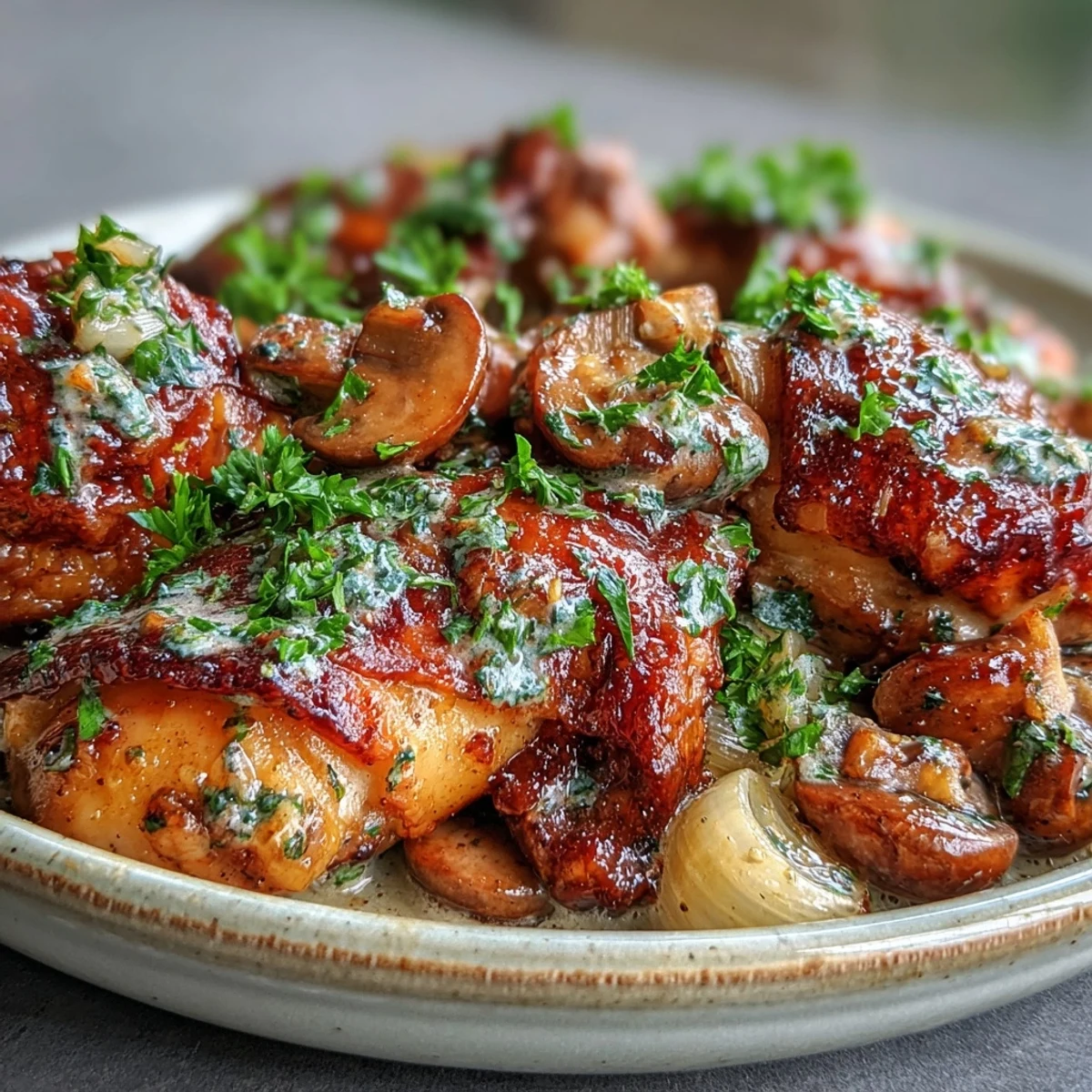 Close-up of Coq au Vin Rosé in a Dutch oven, showcasing tender chicken thighs in a creamy rosé sauce with mushrooms, carrots, and herbs. 