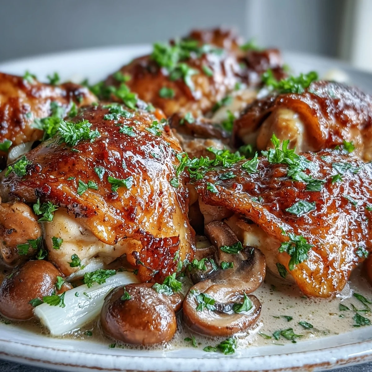 Serving suggestion for Coq au Vin Rosé, plated with buttered potatoes and fresh parsley, featuring the elegant pink wine sauce. 