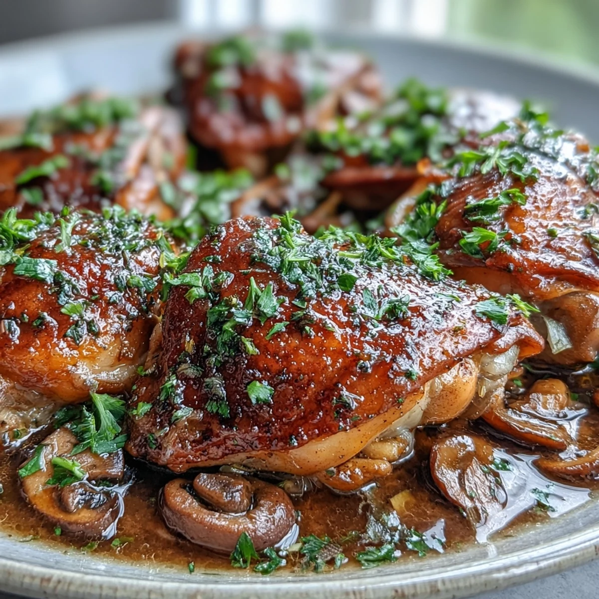 Overhead view of Coq au Vin Rosé preparation ingredients, including bone-in chicken, fresh vegetables, rosé wine, and aromatic herbs.