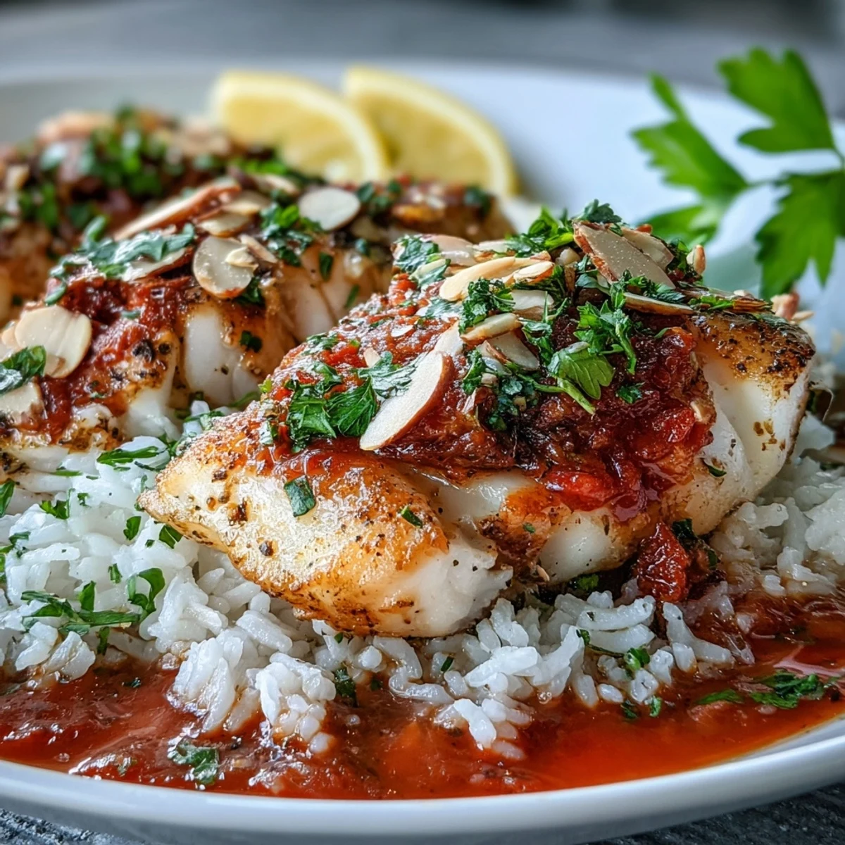 Tomato-Roasted Cod With Spiced Almonds flaked tenderly in a zesty tomato sauce, piled atop fluffy ginger rice and garnished with parsley and lemon.