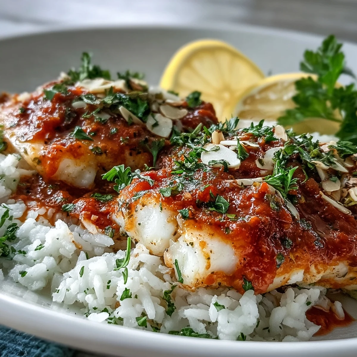 Fragrant Tomato-Roasted Cod With Spiced Almonds plated with aromatic ginger rice, fresh parsley, and bright lemon wedges for a vibrant Mediterranean dinner.