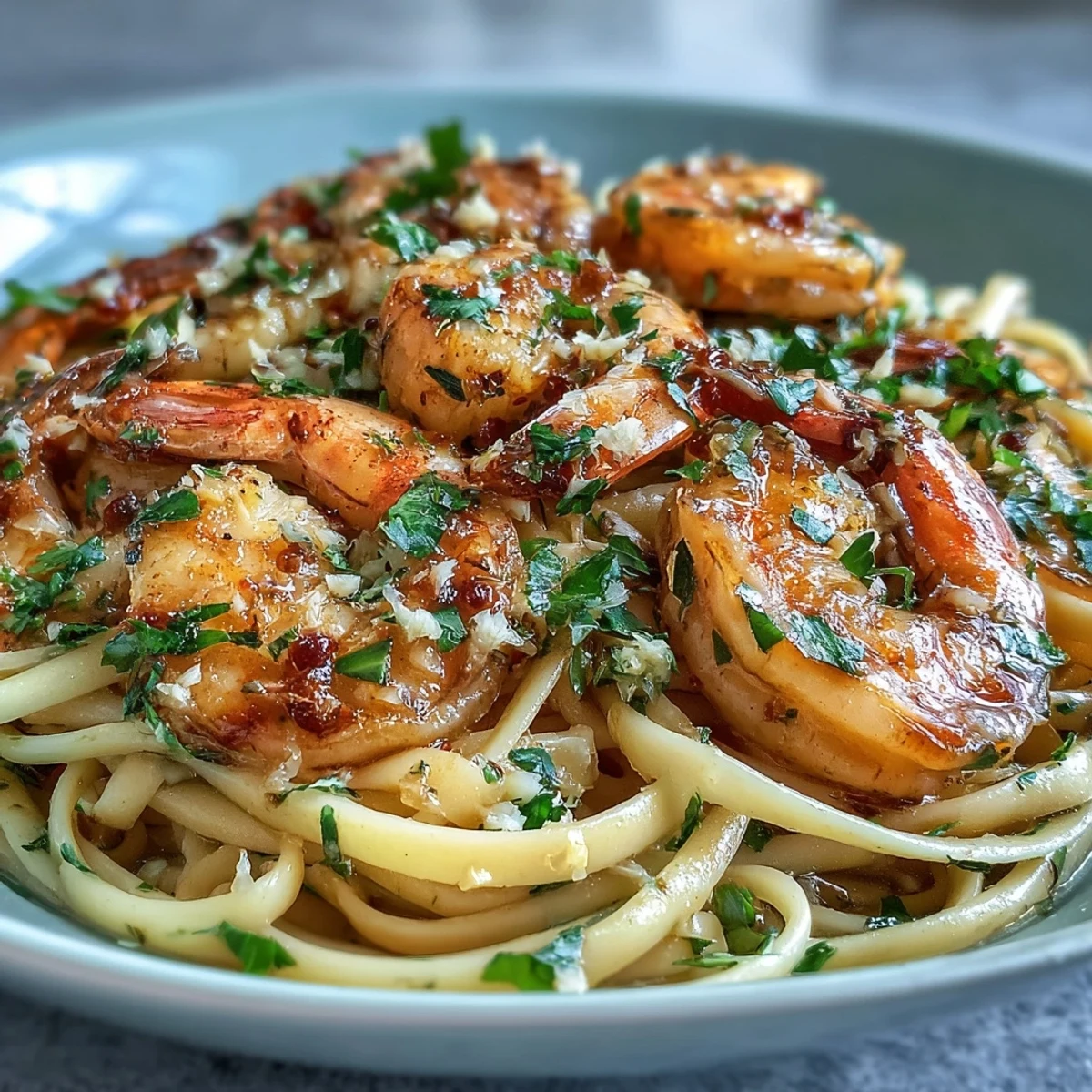 Steam rises from the skillet of Shrimp Scampi With Linguine, highlighting plump pink shrimp and al dente pasta strands.