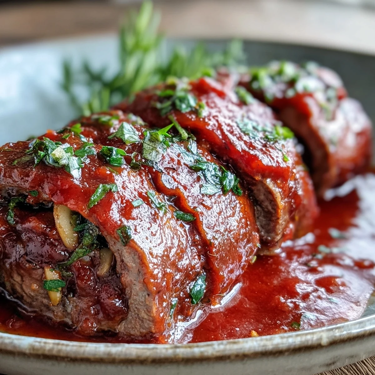 Tender beef steak rolls stuffed with pecorino, pine nuts, and raisins, sliced to reveal the savory filling.