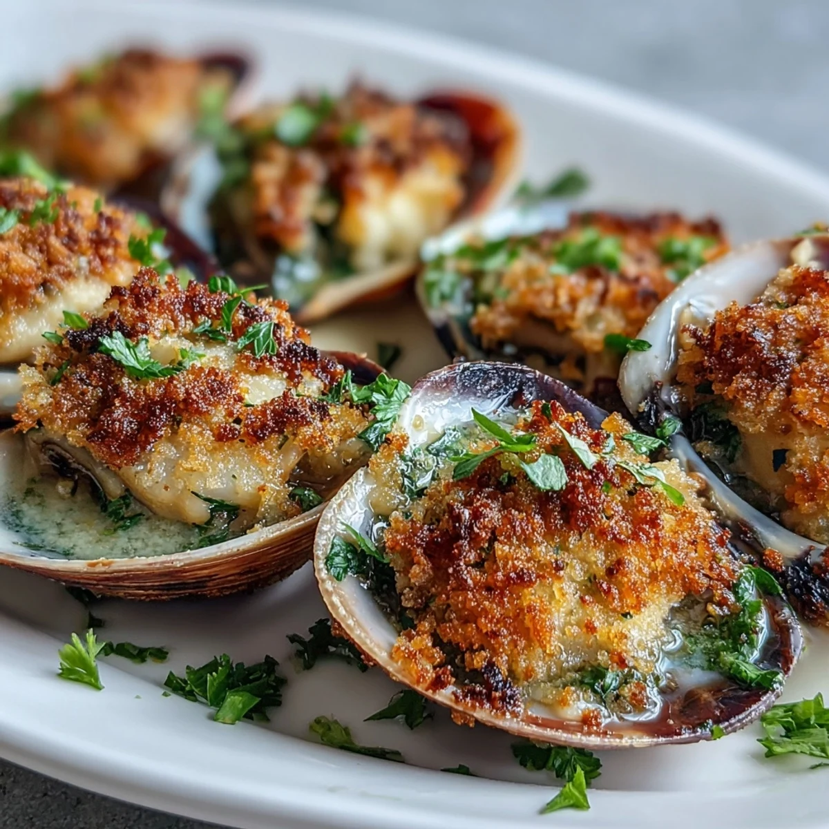 Golden roasted clams with lemony panko topping, served hot on a baking sheet with lemon wedges for an easy appetizer.