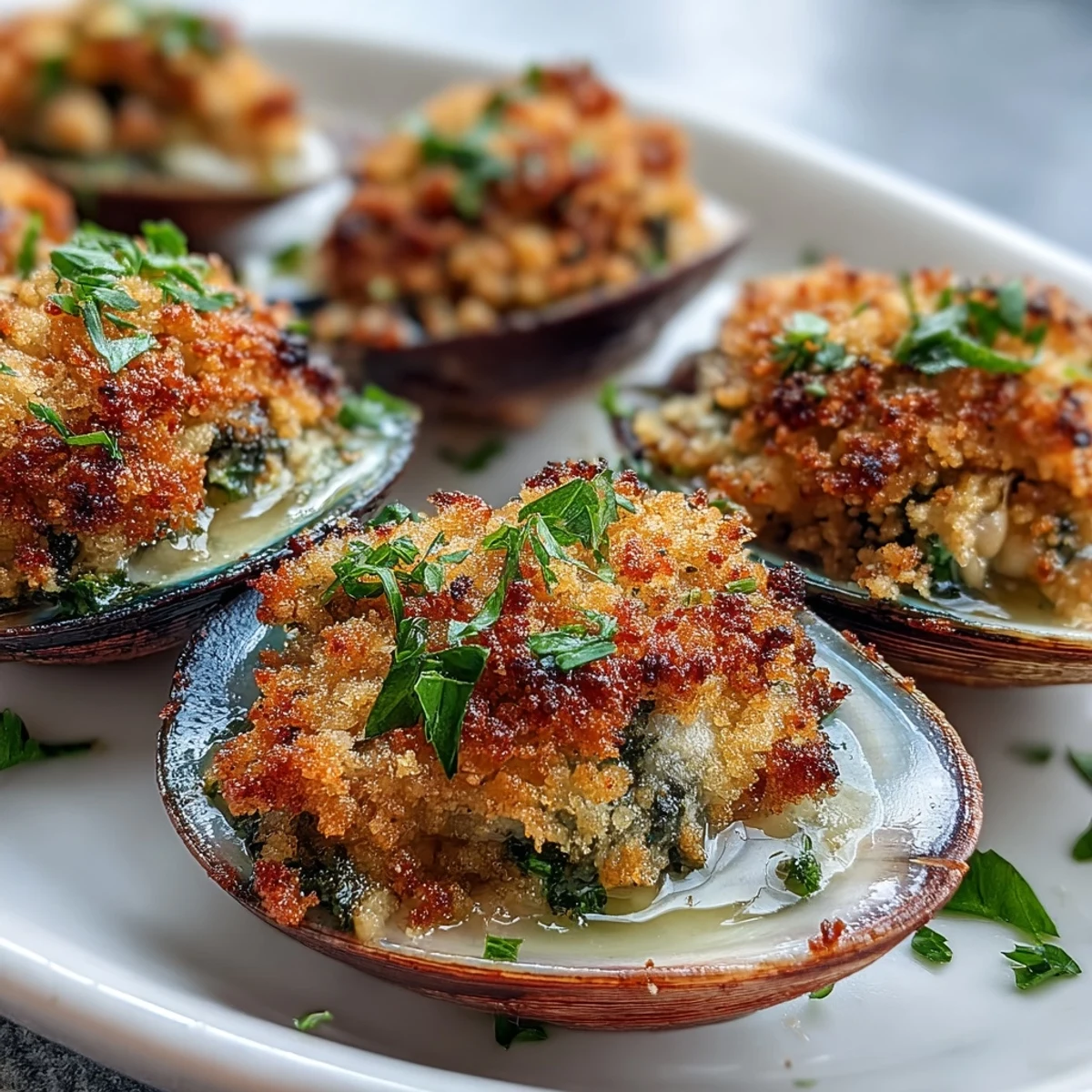 Fresh roasted clams topped with zesty lemon panko crumbs, garnished with parsley and lemon wedges for serving.