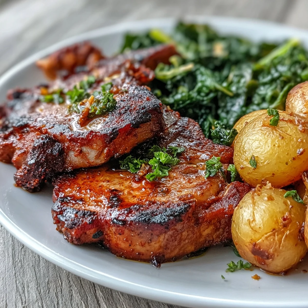 Sizzling Aleppo Pork Chops resting beside roasted potatoes and vibrant sautéed greens, ready to serve.