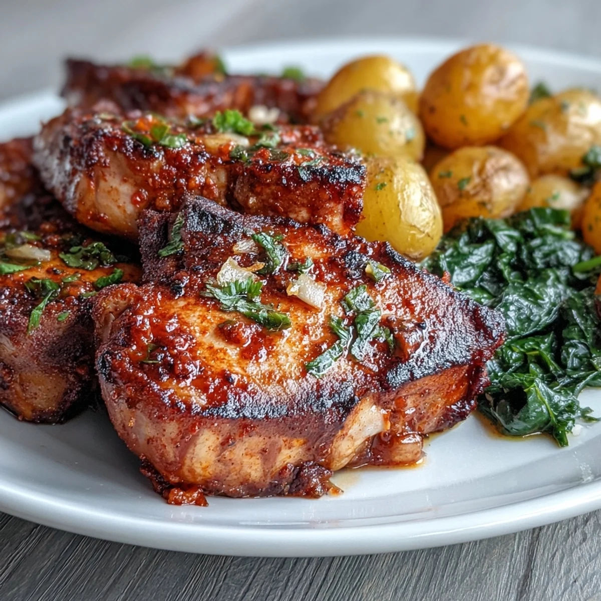 Tender pork chops with smoky paprika alongside crispy potatoes and kale for a hearty meal.