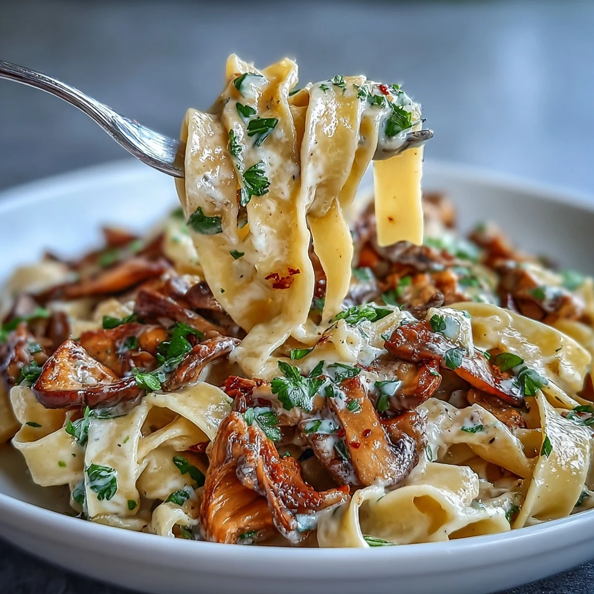 A hearty vegetarian Creamy Mushroom Stroganoff served in a warm bowl, garnished with fresh parsley and cracked black pepper.
