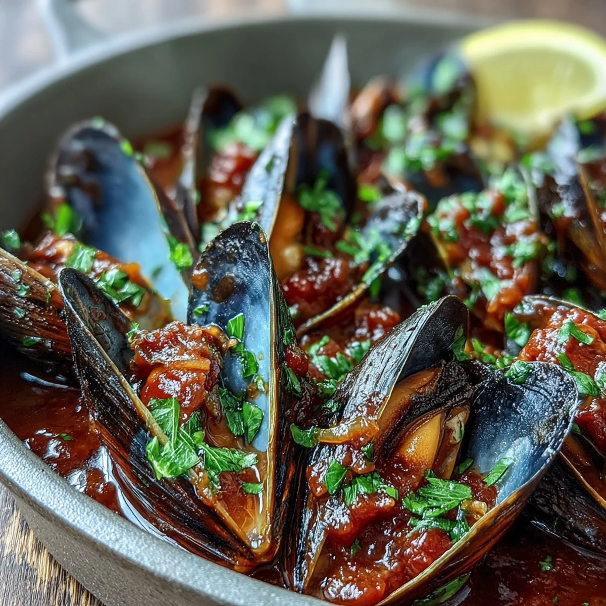 Bright orange Smoky Mussels Pomodoro simmering in a tomato and wine sauce, garnished with parsley and lemon wedges.