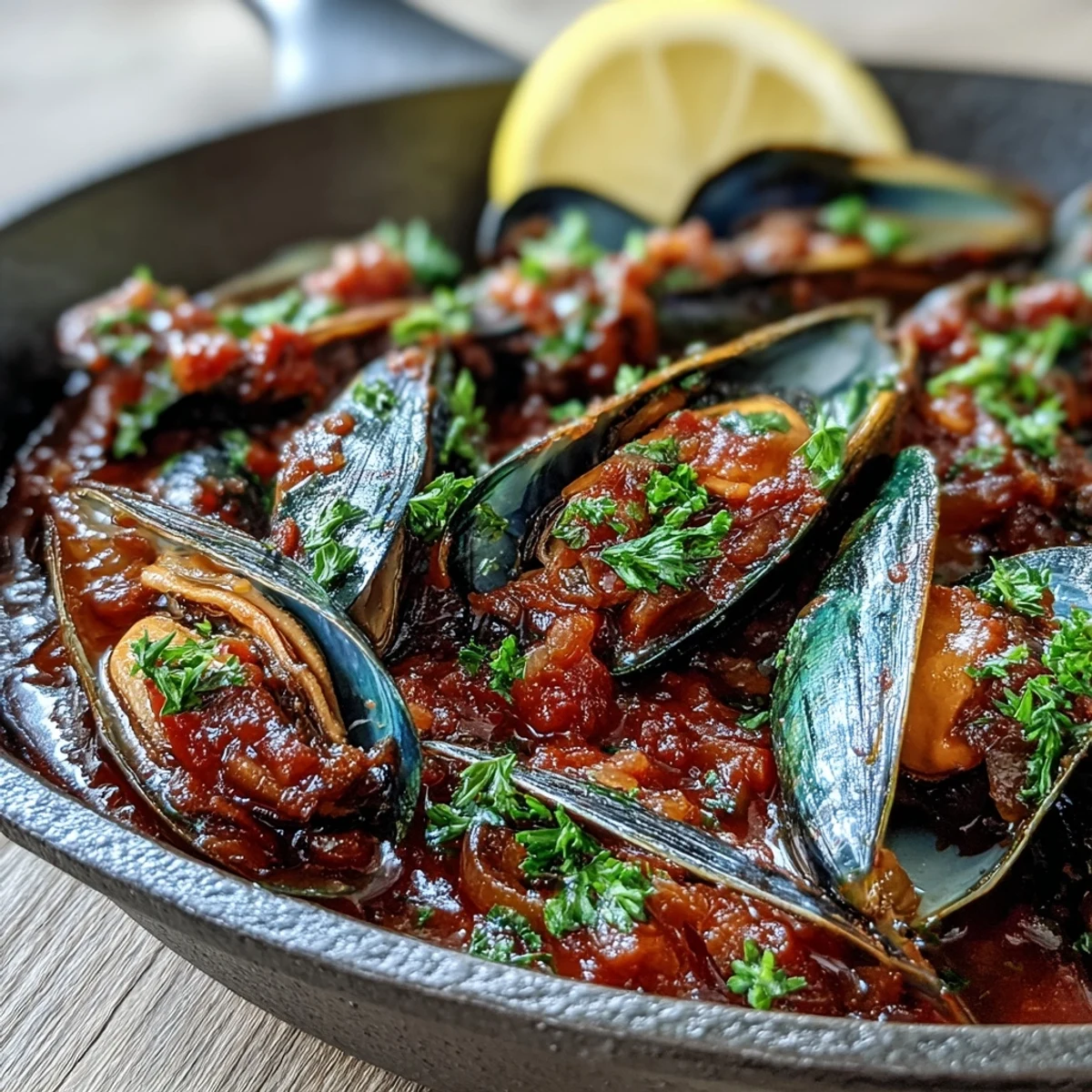 A rustic bowl of Smoky Mussels Pomodoro featuring fresh seafood, vibrant red sauce, and lemon for a bright finish.