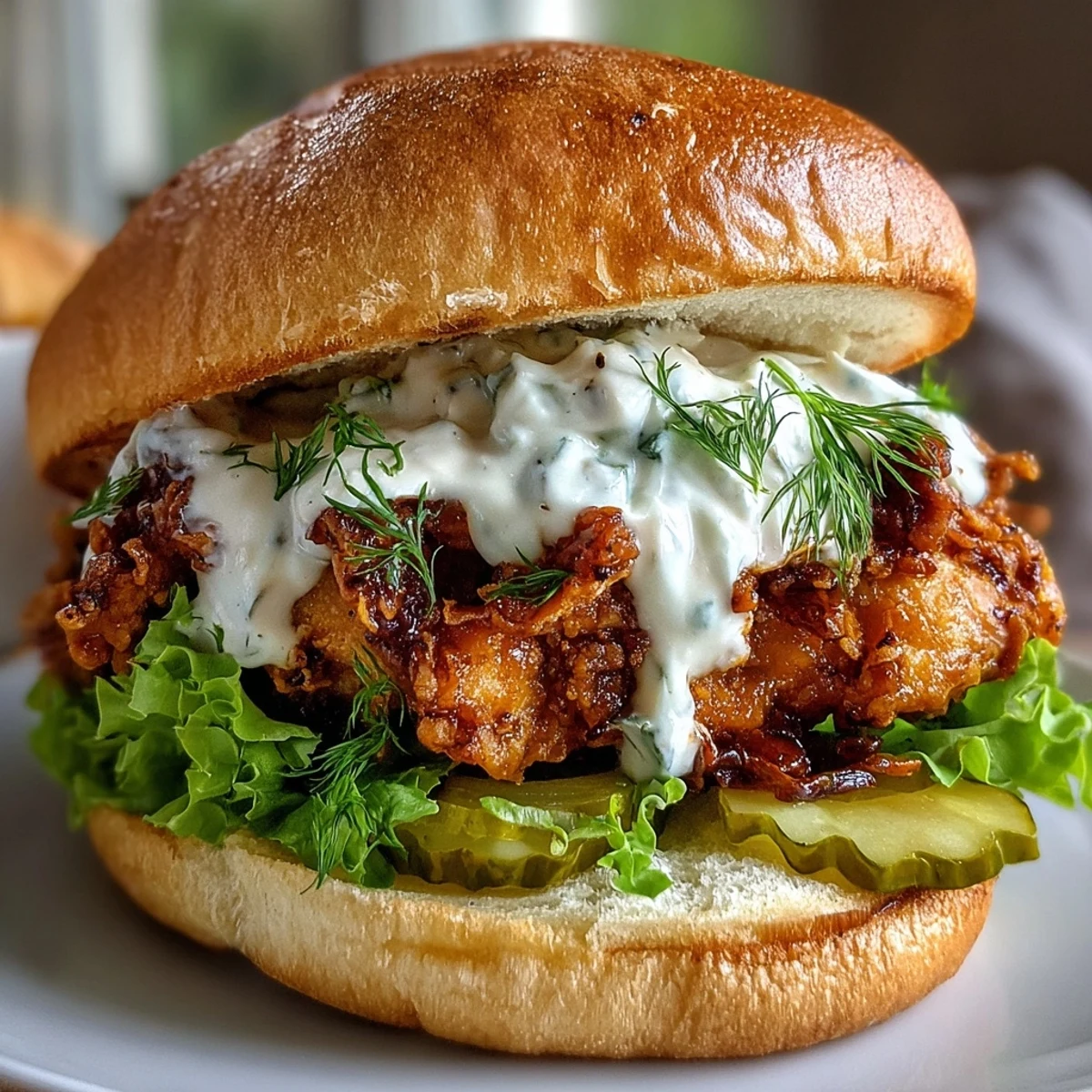 Golden-brown spicy fried chicken sandwich on a toasted brioche bun, layered with crisp lettuce, juicy tomato slices, and tangy dill pickles, drizzled with creamy homemade spicy sauce.  