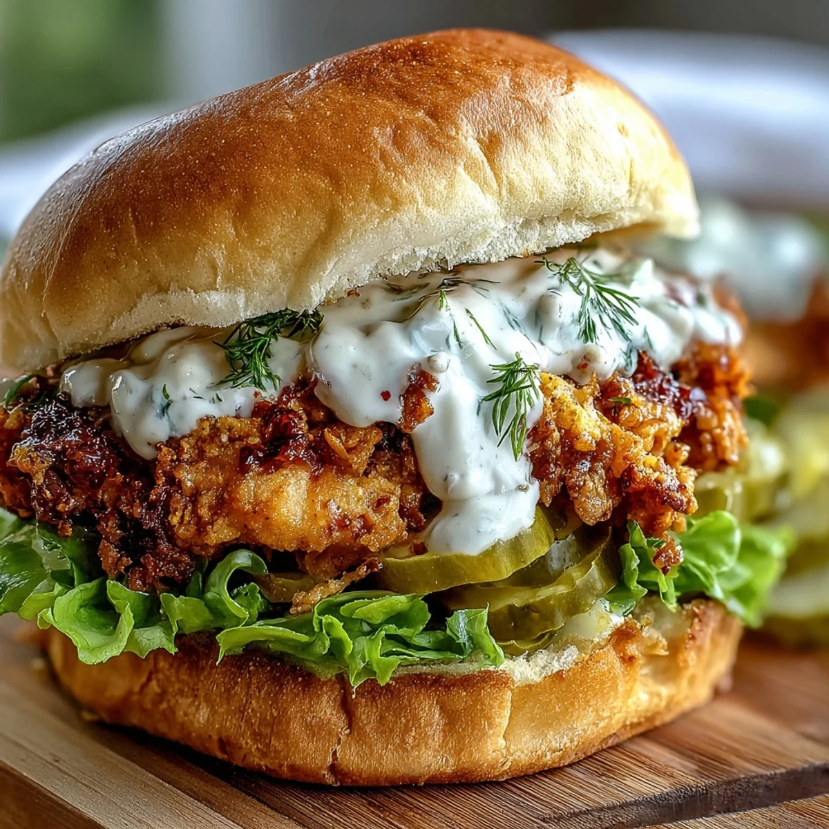 The spicy chicken sandwich features a golden, crispy patty on a buttery bun, topped with fresh lettuce and pickles, ideal for game day.