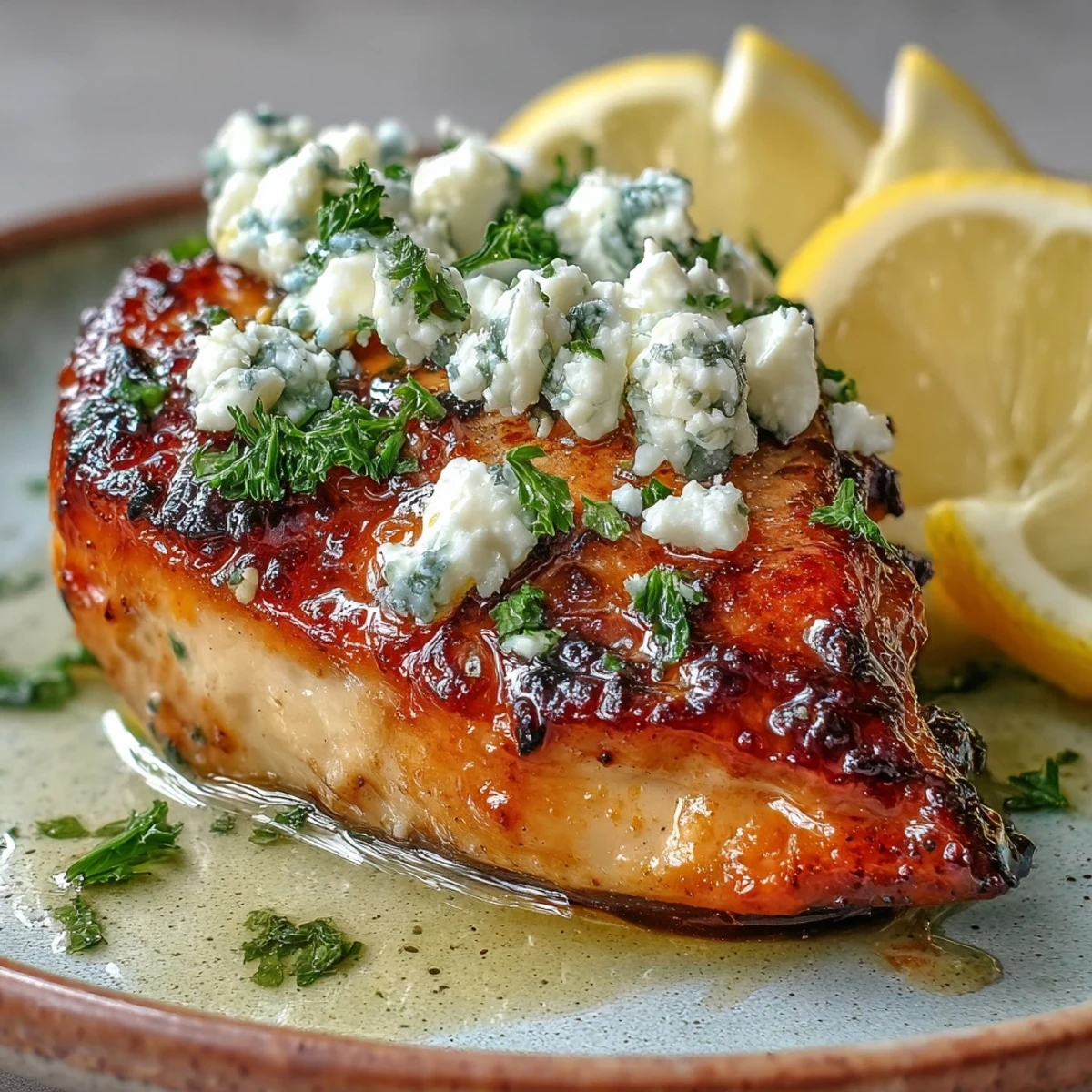 Tender Greek Chicken with Lemon and Feta garnished with fresh parsley and lemon wedges on a rustic plate.