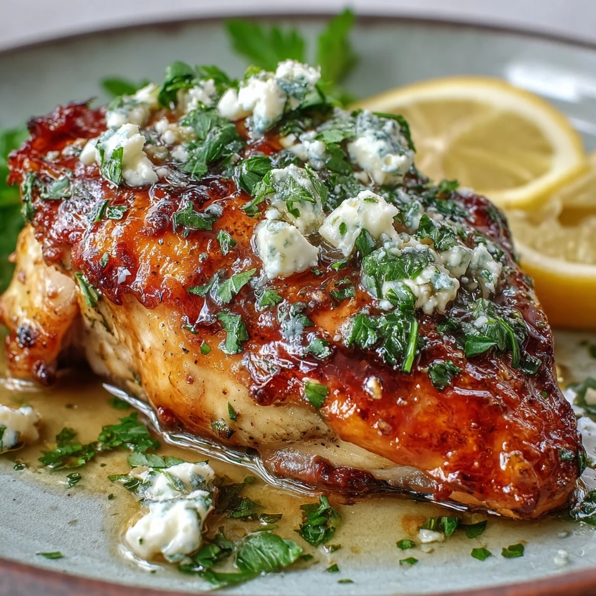 Sizzling Greek Chicken with Lemon and Feta topped with crumbled cheese and herbs, ready to serve hot.